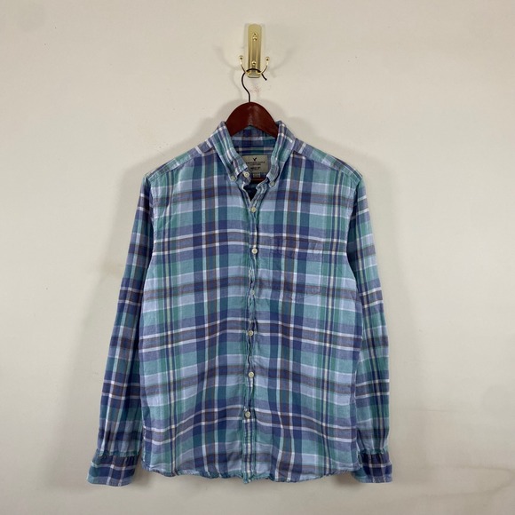 American Eagle Outfitters Other - American Eagle Plaid Button Up Mens Medium Cotton Linen Blue Green Flannel